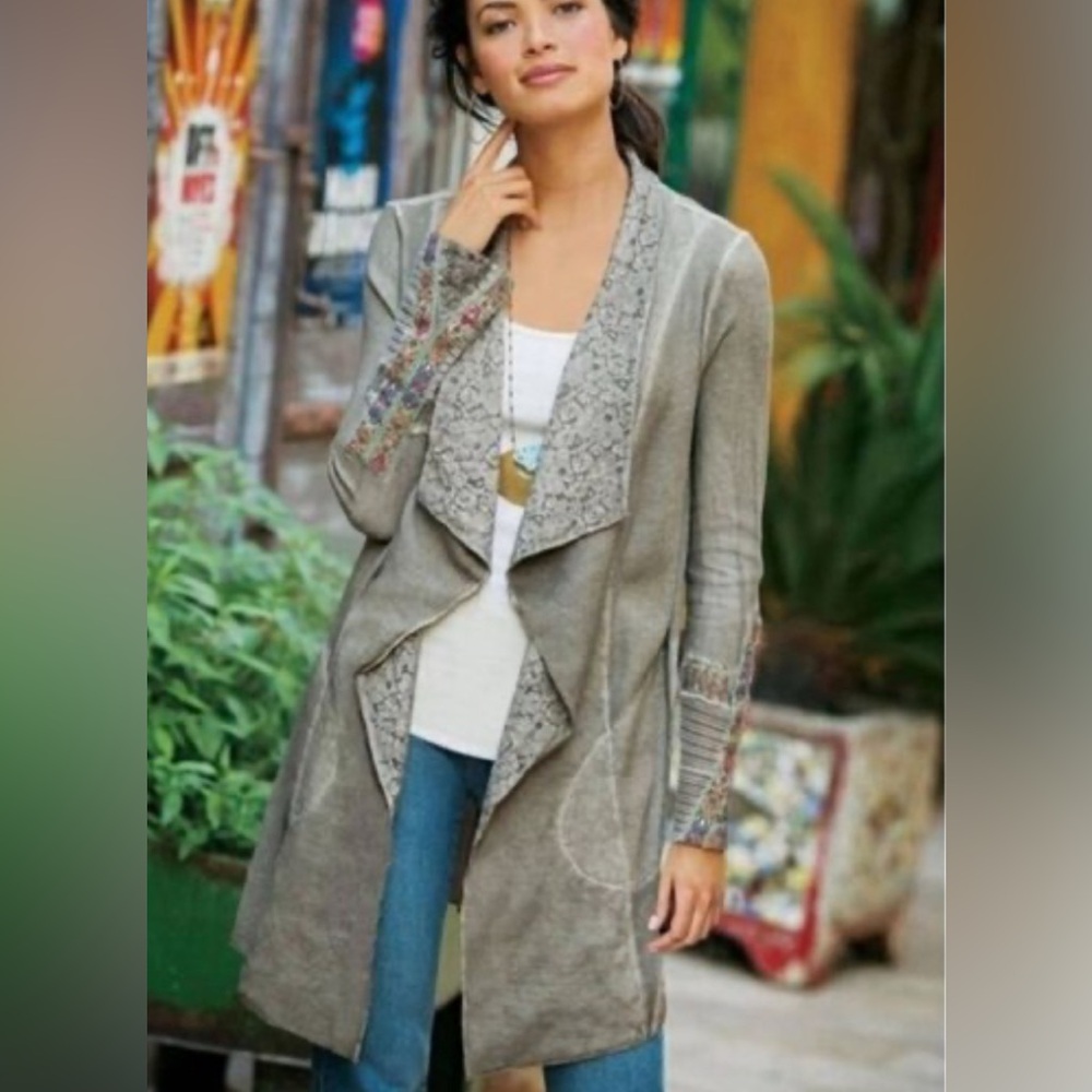 Soft Surroundings Lace Waterfall Collar Long Open Cardigan small